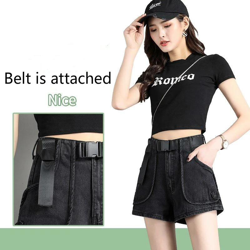 

Fashion Denim Shorts with Belt 2021 Spring New Style Hong Kong Retro Style High Waist Korean Loose A-line Short Women's Jeans