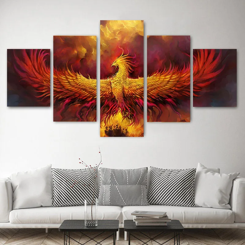 

Картины на холсте с изображением животных, огненных фениксов, плакаты и принты для современной гостиной, 5 панелей/наборы
