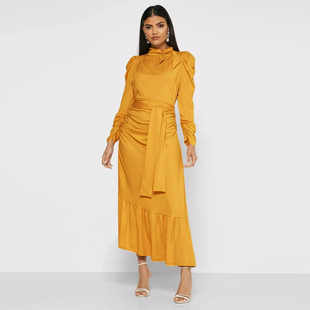 

Shirring Pleated Women Dress Turtleneck High Waist Asymmetrical Long Maxi Dress with Sashes Muslim Dresses T6276