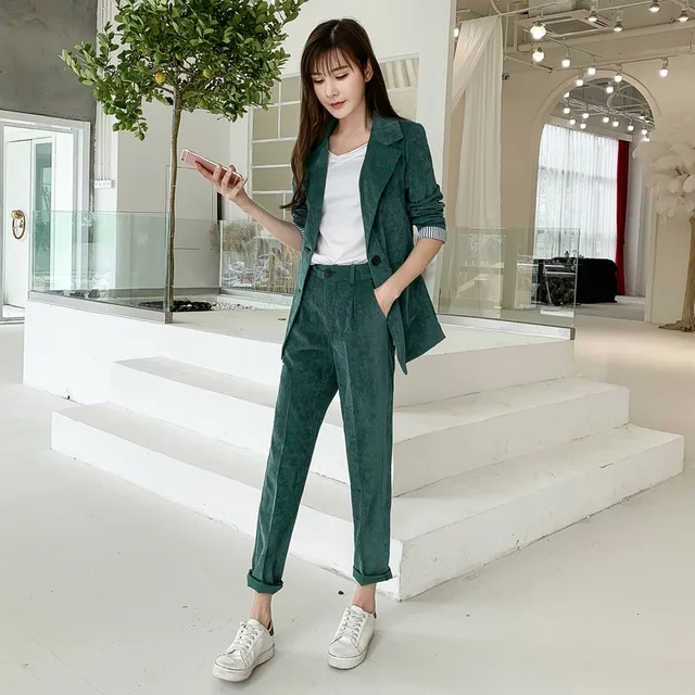 

Ladies Blue Grey Green Corduroy Pants Suit Blazer Casual Wear Female Elegant New Fashion Slim Jacket Outfit Blazer and Pant Set