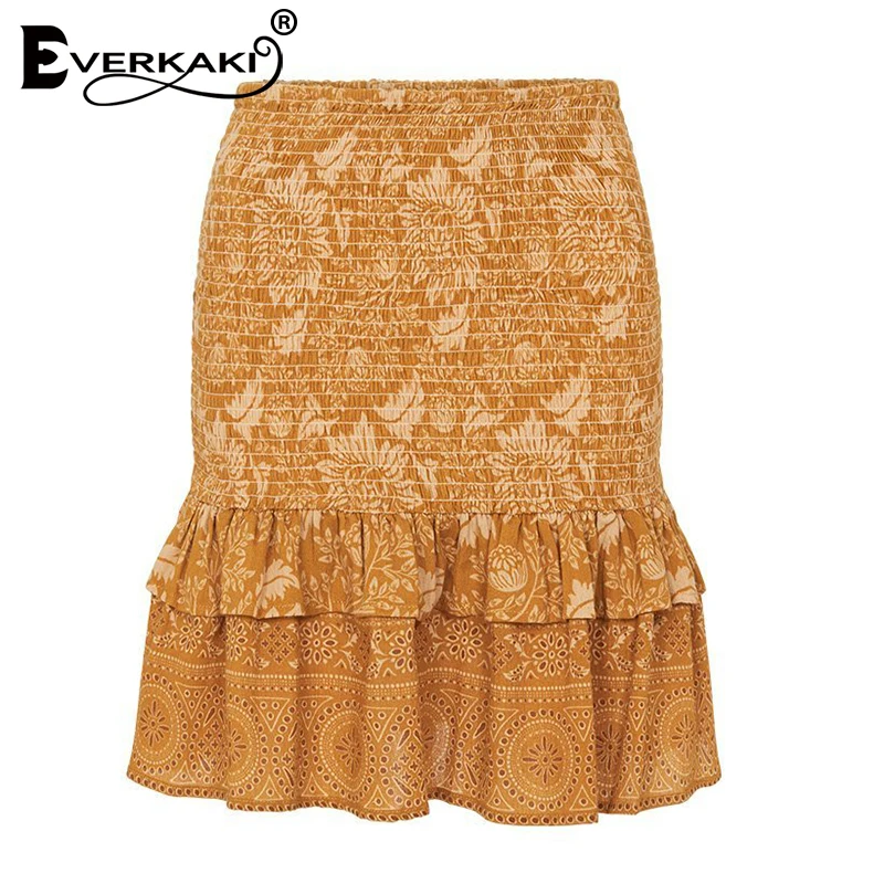 Женская мини юбка с оборками Everkaki эластичная винтажная короткая цветочным