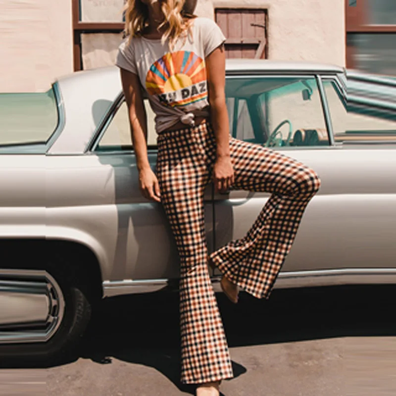 

2021 Spring Summer Plaid Print Flare Pants Women Elegant Elastic Waist Skinny Trousers Sexy Bodycon Streetwear Female Sweatpants