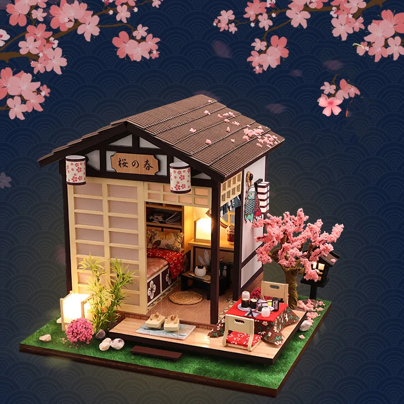 

2021 Creative DIY Wooden Casa Japanese Dollhouse Kit Assembled Miniature Furniture Light Blossoms Toys Model Doll House Cherry