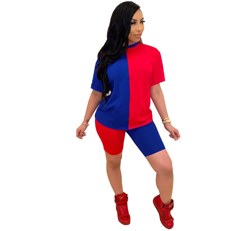 

Two Piece Outfits Fashion Short Sleeve Tops and Hot Pants Color Matching Simplicity Leisure Sweat Suits Wholesale Dropshipping
