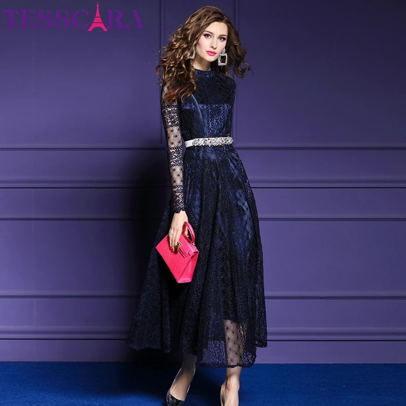 Женское длинное кружевное платье TESSCARA Осеннее винтажное дизайнерское макси