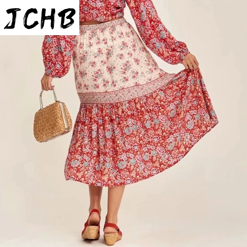 

SHZQJCHB Women Vintage Floral Print Midi Skirts 2021 Summer Bow Tie High Waist Beach Skirt Ladies Bohemian Casual Skirt