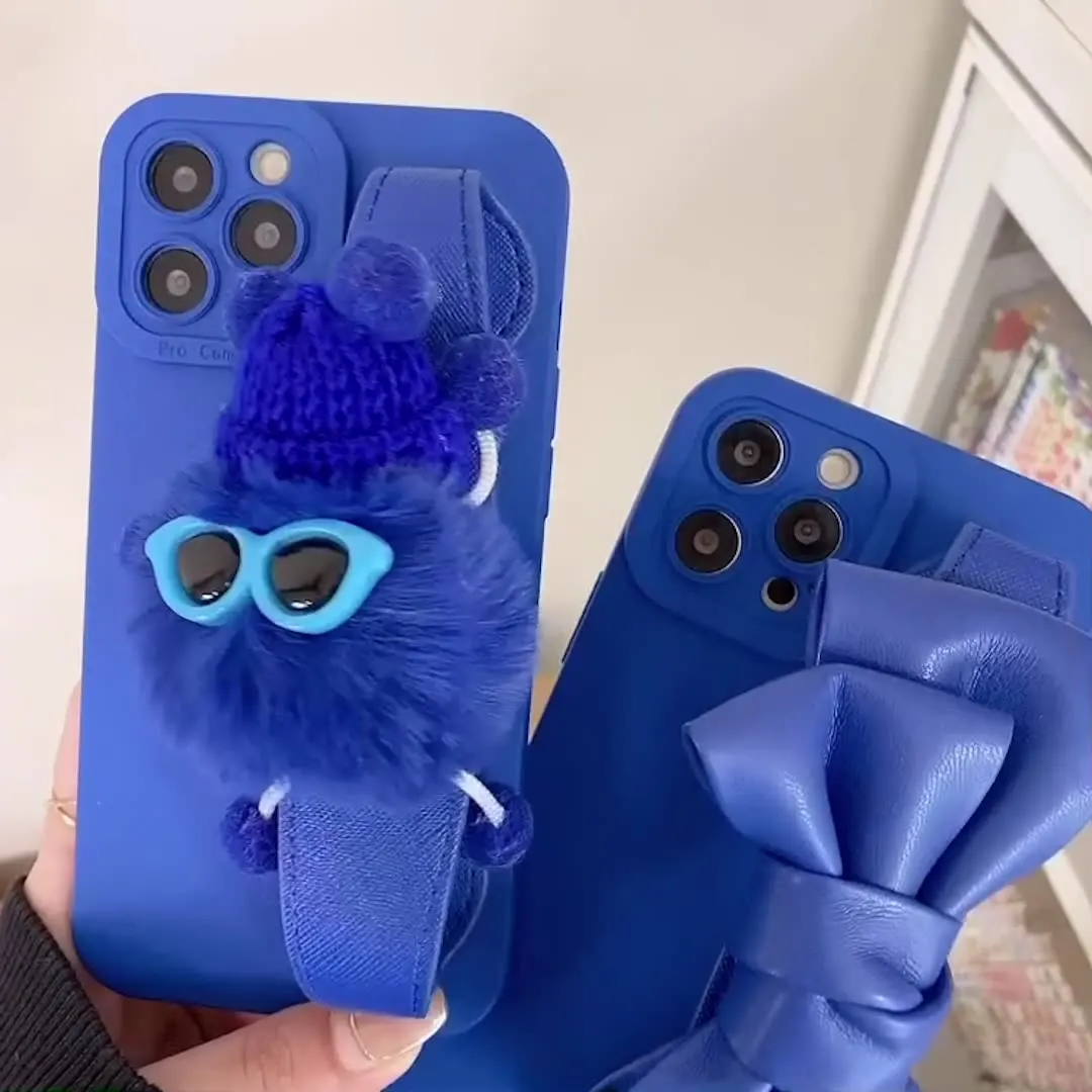 Корейский Синий чехол-браслет Klein для телефона плюшевая кукла бант ремешок на
