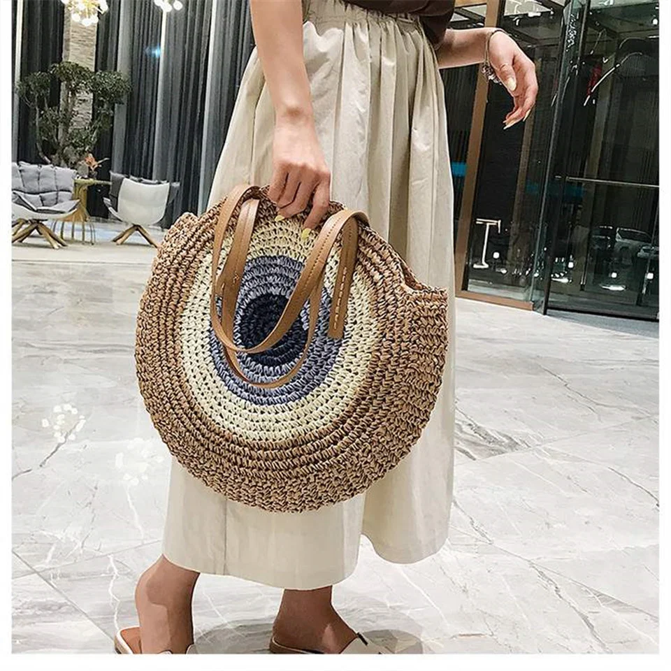 

Handmade Woven Summer Beach Round Straw Bags for Women Rattan Shoulder Female 2021 Message Handbag Totes