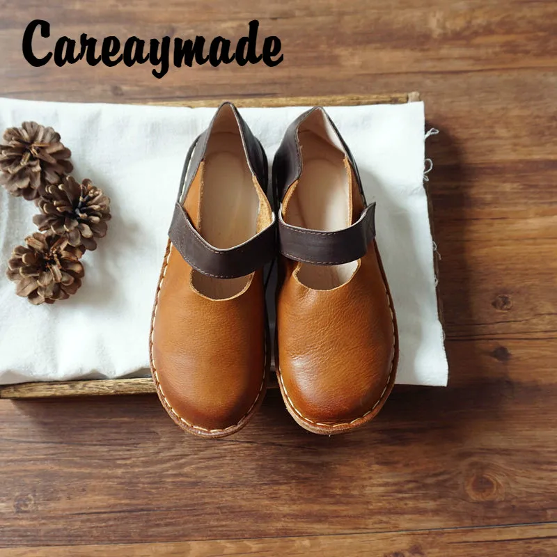 

Careaymade-Retro Art style Hand-Rub Color genuine Leather Shoes,Full-Grain Leather Low Heel round head Mary Jane Shoes