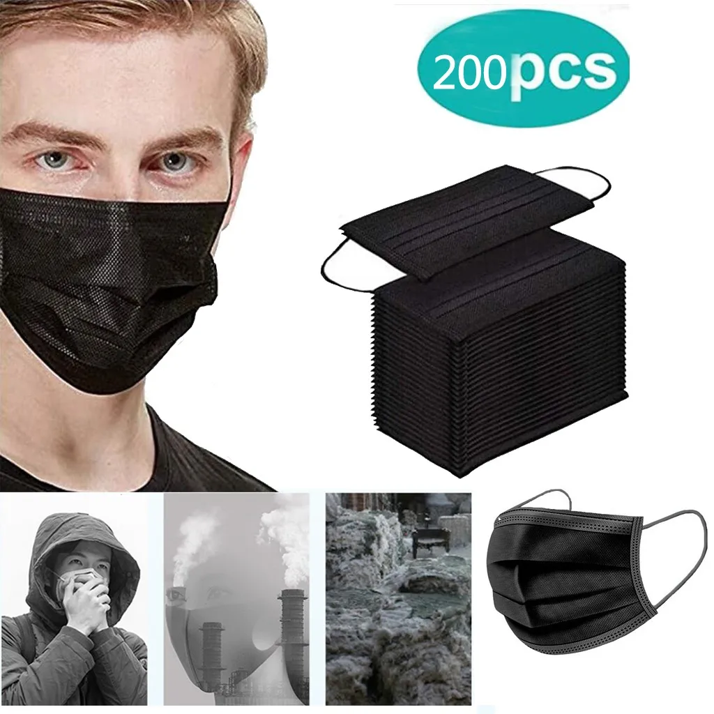 

200pcs Black Disposable Face Mask 3ply Earloop Dustproof Masks Mascarillas Halloween Cosplay Non-woven Mondkapje