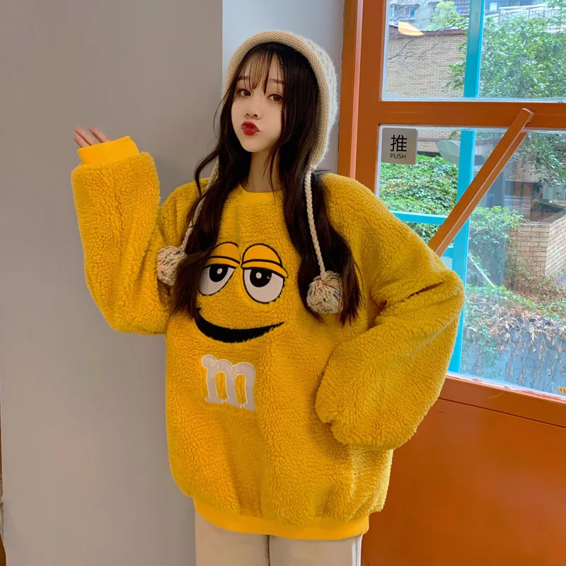 [EWQ] Autumn New Thickening Keep Warm Pullovers Knit Tops Full Sleeve Plus Size Smile Lamb Fur Winter Lady Sweatshirt QL556
