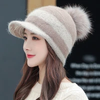 ht3386 knitted hat female thick warm fleece lined winter hat women big fur pompom earflap baseball cap ladies wool baseball hat