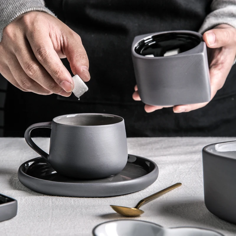 KINGLANG Nordic Ceramic Matte Grey Coffee Mug Set Sugar Can Small Dessert Dish High Tea Tableware Salad Bowl