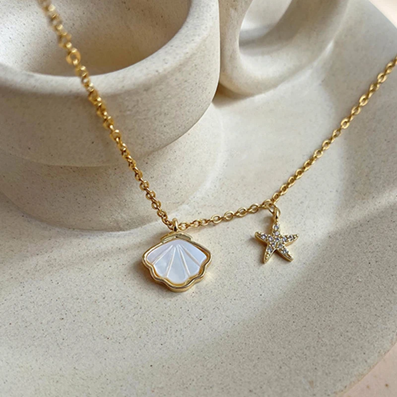 

New Fashion 14K Real Gold Starfish Shell Chain Pendant Necklace for Women High Quality Shiny AAA Zircon Jewelry Summer Ins Hot