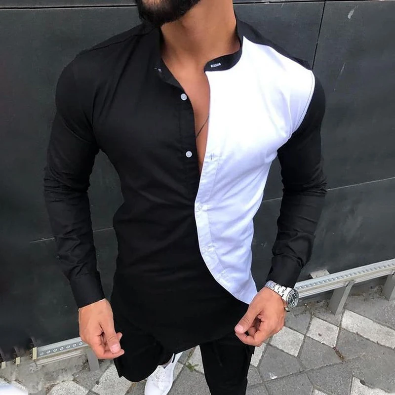 

Кардиган мужской Асимметричный на пуговицах, модная повседневная рубашка в стиле пэчворк, с воротником-стойкой, свободная рубашка с длинны...