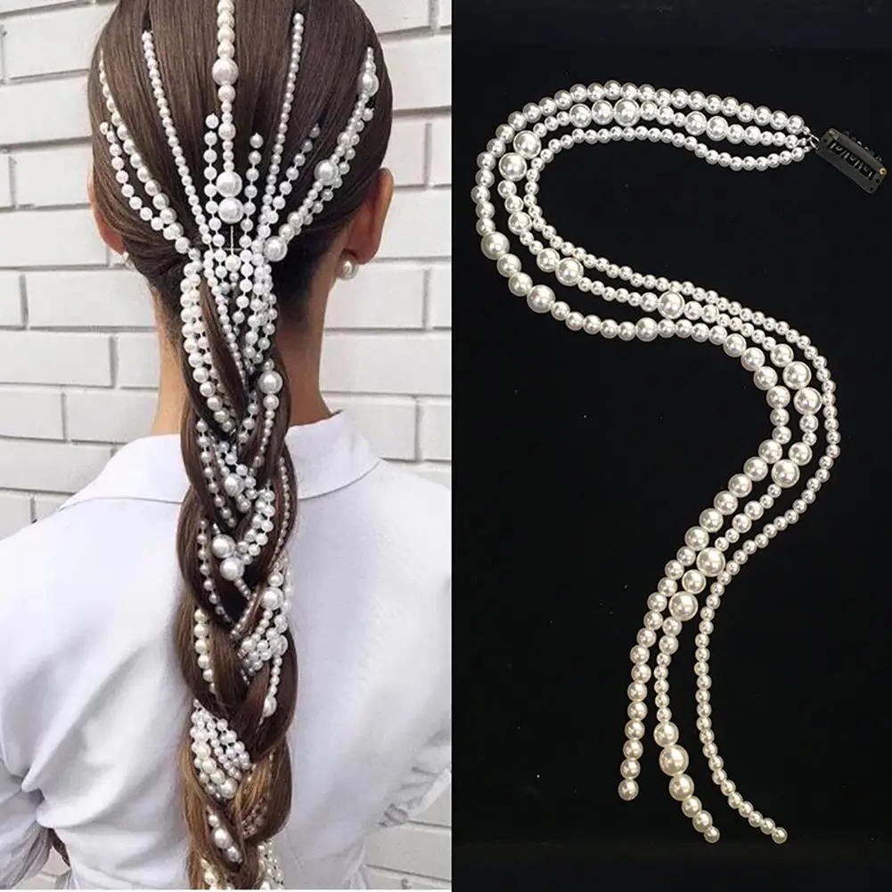 

Women Fake Pearls Hair Extension Chain Ponytail Tassel Headdress Party Decor Long Tassel/Chain Bridal Wedding Hair Accessories