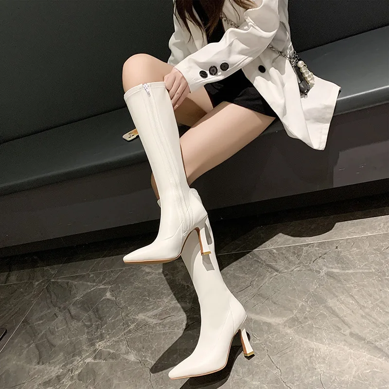 

Knight Boots High Heels Womenboots Polyurethane Solid Color Keep Warm Antislip and Waterproof Side Zipper Miss Casual Boots