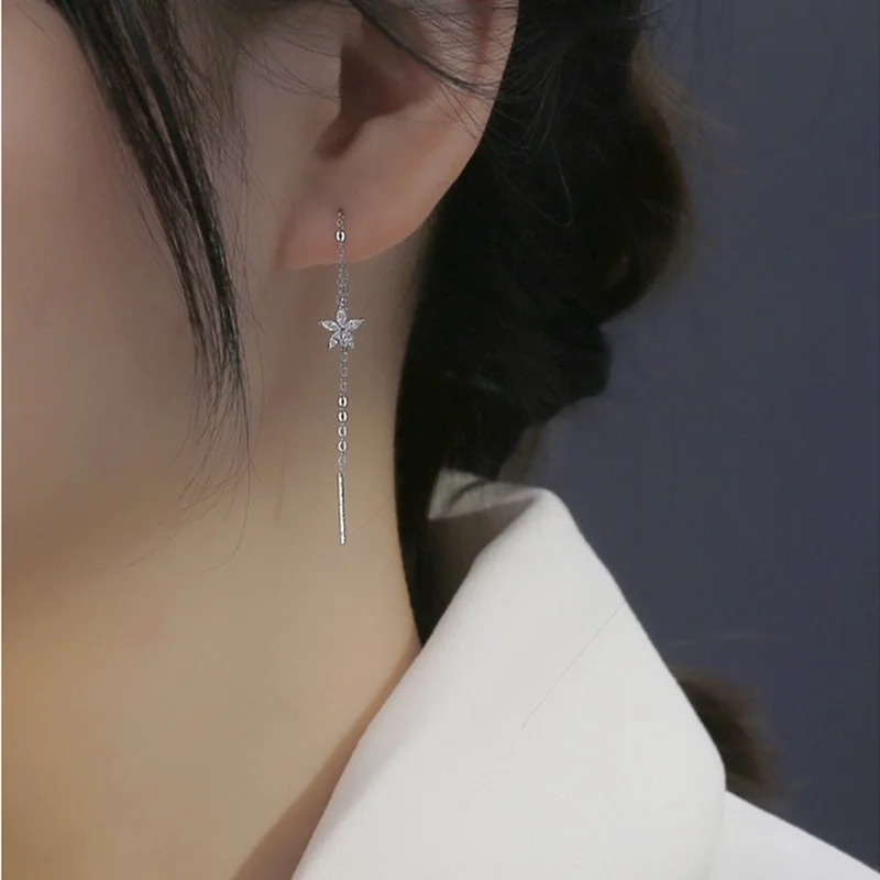 

Изысканный 925 стерлингового серебра уха линии длинные висячие серьги кругу проложен микро циркон серьги в форме цветка для женщин; Простые ...
