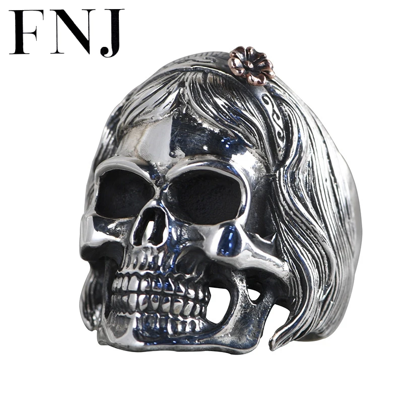 FNJ Punk Skull Ring 925 Silver 100% Original Real S925 Solid Silver Rings for Men Jewelry Vintage Statement