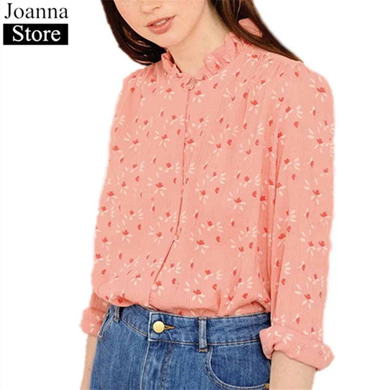 Spring New Printing Short Shirt Women Lotus Leaf Collar Puff Sleeve Elegant Blouse Single-Breasted Pink Floral Plus Size Clothes