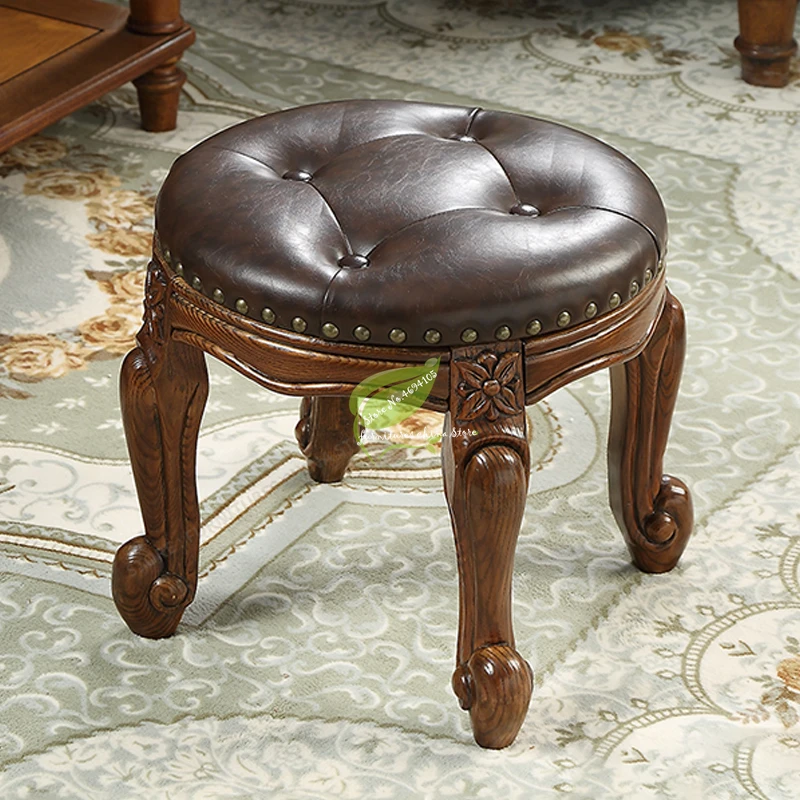 38%American Retro Solid Small Round Stool Cowhide Sofa Strong Bearing Capacity Household Tea Table Low Chair |