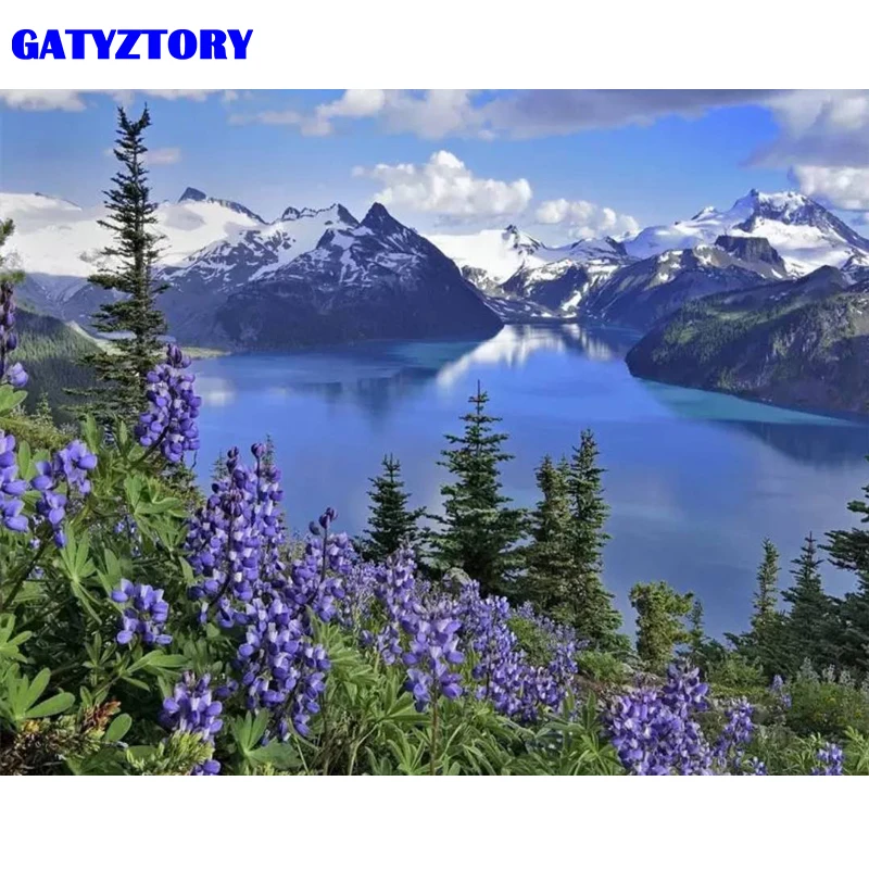 GATYZTORY Рамка DIY Краска по номерам озеро снег Горный пейзаж Акриловая на холсте