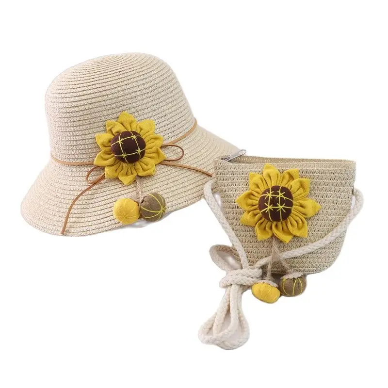 

Summer Sunflower Girl Breathable Straw Hats +handbag sets Child baby Sun Caps Kids cartoon Sunscreen Shoulder Bags