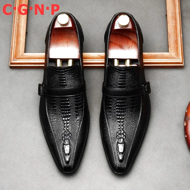 

C·G·N·P New Fashion Black Genuine Leather Strap Buckle Loafers Men Dress Shoes Pointed Toe Business Casual Shoes Male Party Shoe