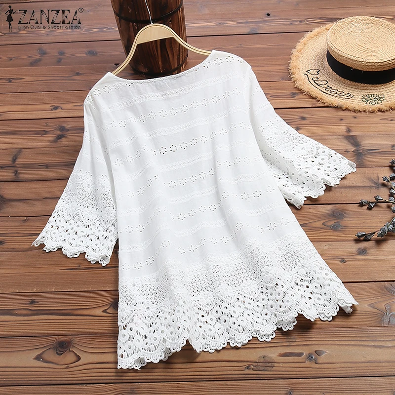 Elegant Lace Tops Women's Embroidery Blouse 2022 ZANZEA Summer Hollow Blusas Female Long Sleeve Shirts Solid Tunic Plus Size |