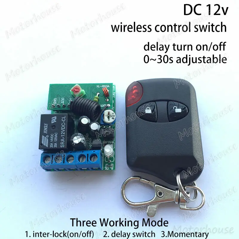 

DC 12v 20A Relay Wireless single-channel remote control switch RF Switch on/off+ Delay Time Timer