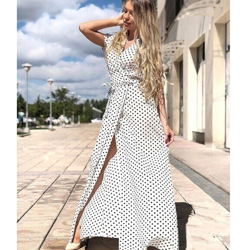 Женское повседневное длинное вечернее платье в горошек с принтом сексуальное