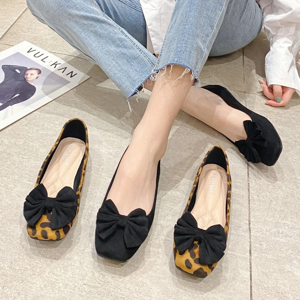 

Fashion Leopard Print Bowtie Women's Flats Spring Autumn Flock Square Toe Ballet Flats For Woman Ladies Casual Boat Shoes