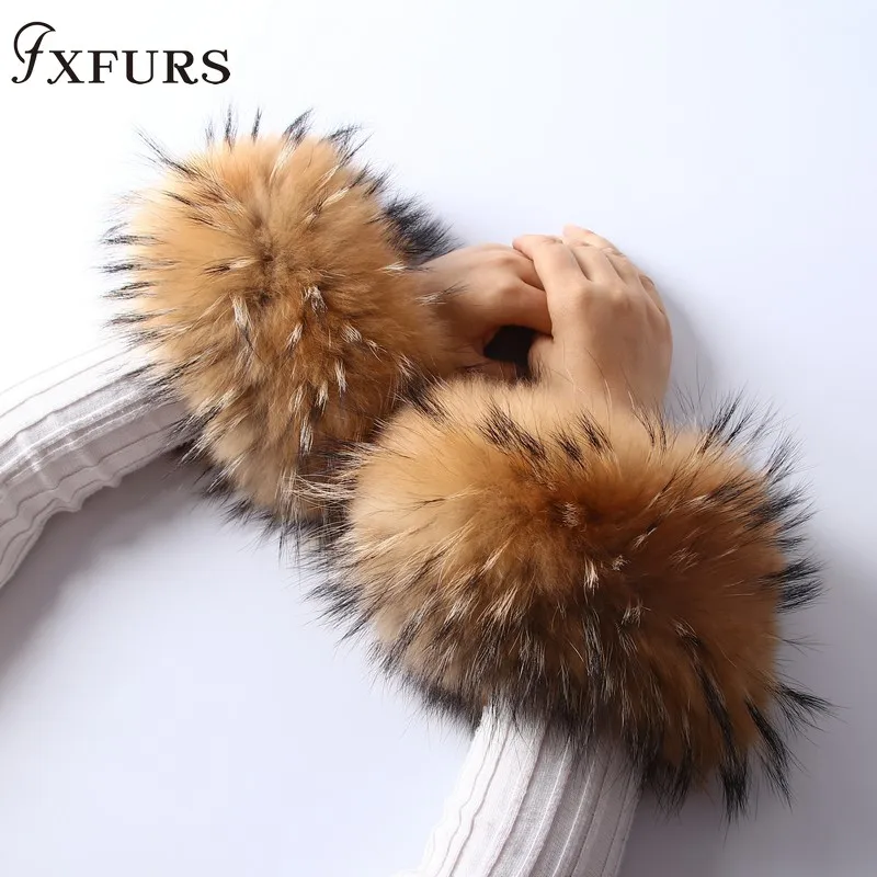 natural raccoon fur Настоящие женские настоящие манжеты из лисьего меха ручная одежда из меха енота манжета женский браслет рука теплые украшения браслет рукав - Цвет: natural raccoon fur