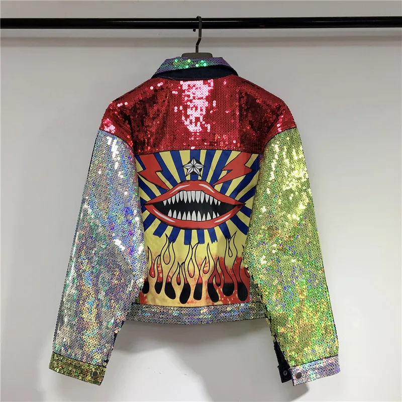 

Fashion new trendy brand color matching sequins back print lips pattern denim casual short coat