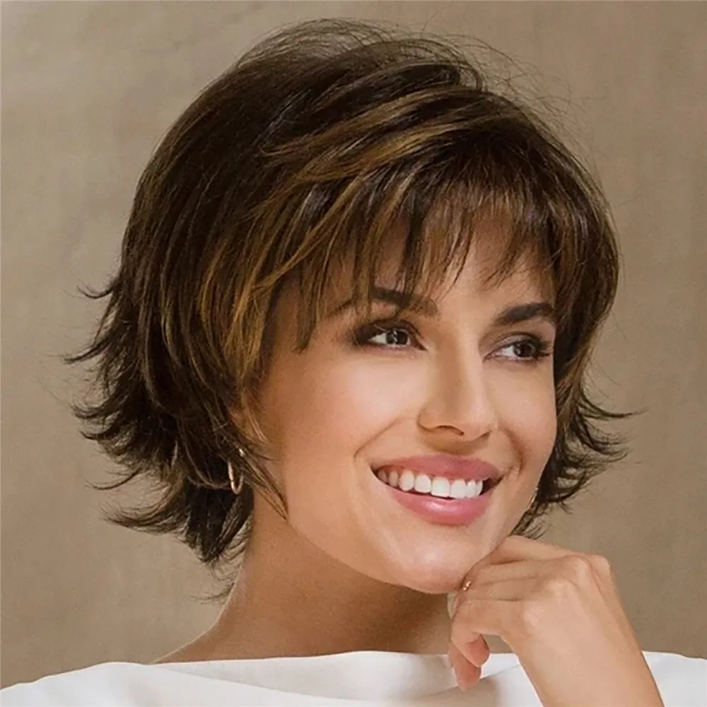 

Ombre Brown Wig Short Natural Curly Synthetic Wigs for White Women Daily Pixie Fake Hair Wigs with Bangs Natural Looking