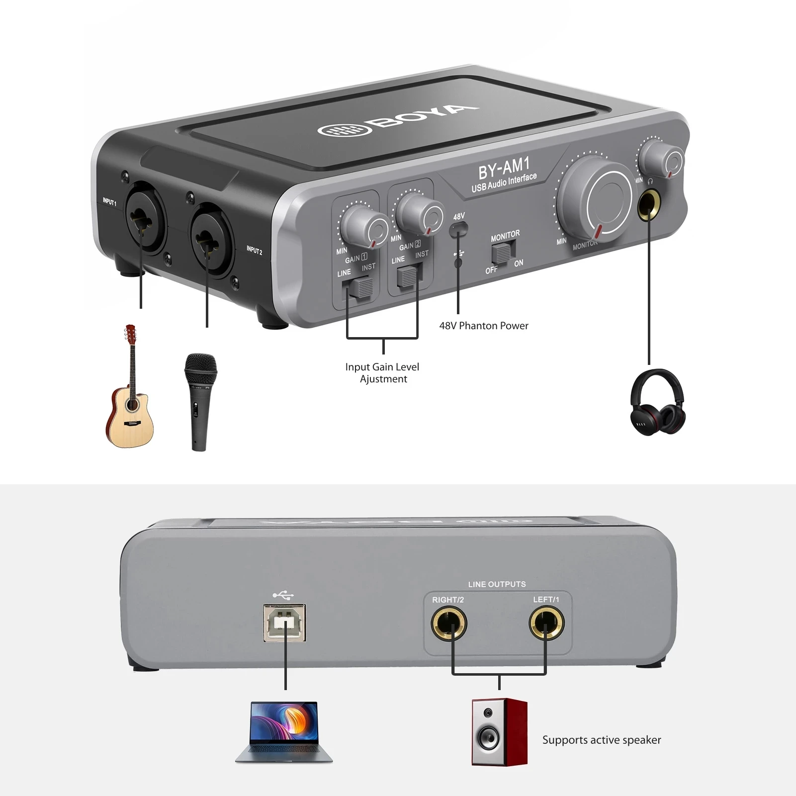 BOYA BY AM1 двухканальный аудиомикшер USB 6 35 мм/XLR комбинированные входы мм наушники 48 В