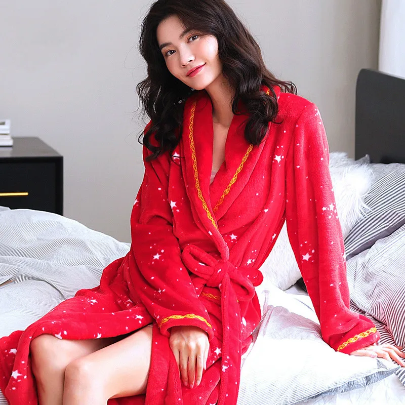 

H5925 Robe Women Flannel Coral Fleece Nightwear Bathrobe Female Autumn Winter Long Sleeve Warm Thick Soft Thermal Lady Sleepwear