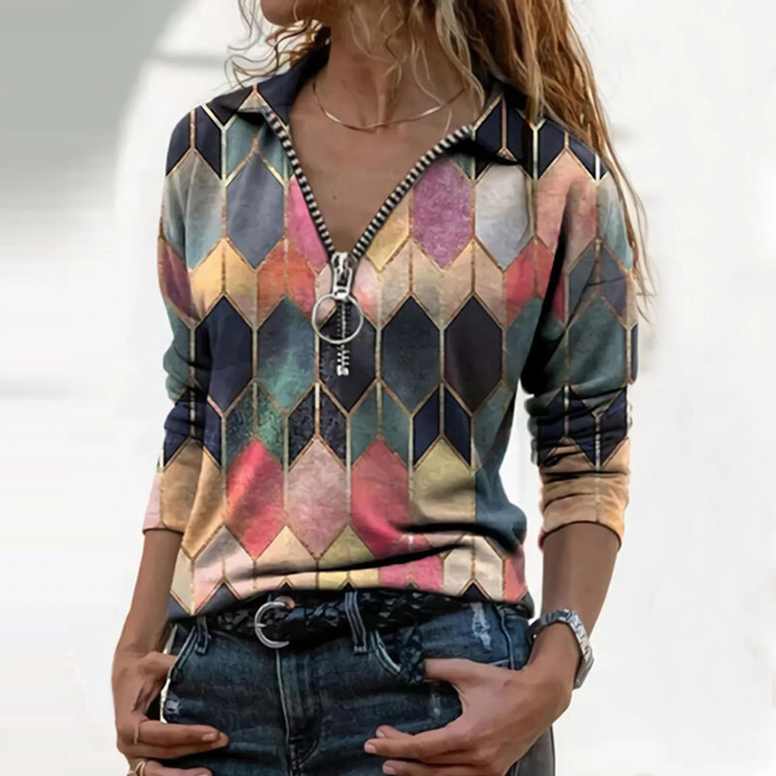 

Geometric Print tops Women Polo Shirt Colorful Lapel Half Zipper Long Sleeve Shirt Casual Brief Elegant Shirts