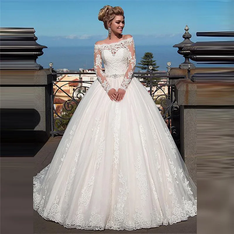 

Потрясающее бальное кружевное платье принцессы с длинными рукавами, свадебное платье на пуговицах сзади, 2020 свадебные платья, официальное ...