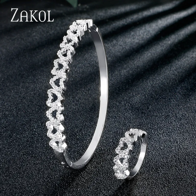 ZAKOL Romantic Heart Bridal Jewelry Cubic Zirconia Ring Bracelet Set for Women Wedding Dinner Party Dress Accessories FSSP1009 | Украшения