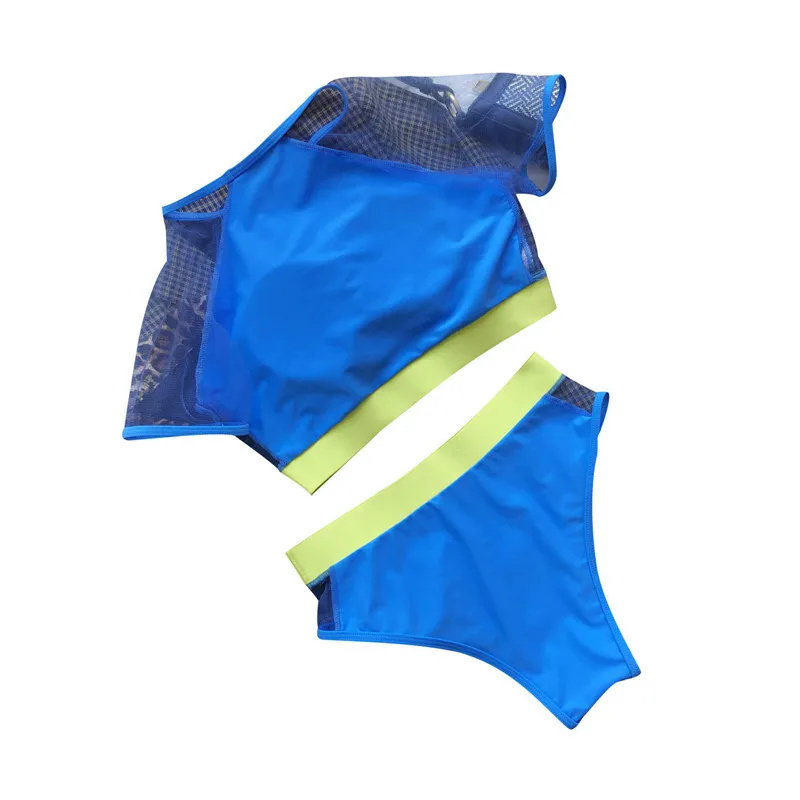 

Women Split Swimsuit Set, Mesh Short Sleeve O-neck Cropped Tops + High Waist Panties for Summer