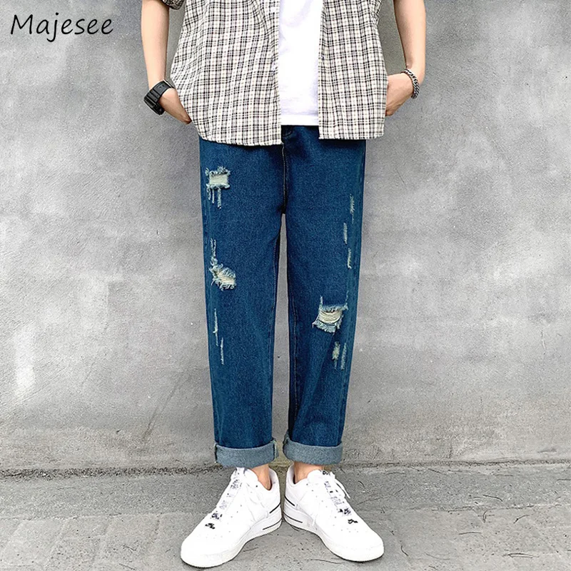 

Jeans Men Summer Denim Holes Vintage Solid Straight All-match Streetwear Fashion Korean Style Loose Casual Trousers Retro Chic
