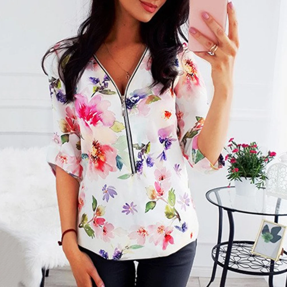 Модный женский Повседневный пуловер на молнии с цветочным принтом v-образным