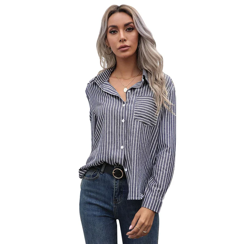 

Striped Loose Shirt Women's Spring Autumn Casual Shirt Blouse Turn-down Collar Long Sleeve Blouse for Woman Gray Female Tops