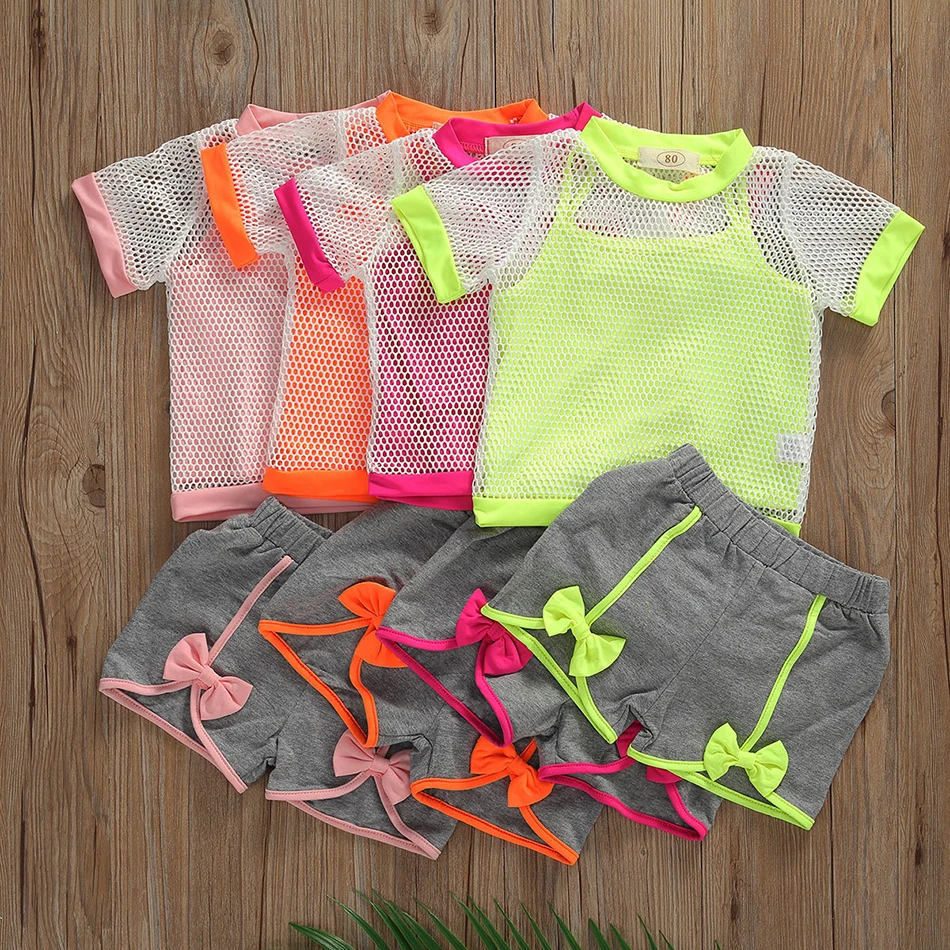 

VOGUEON Fashion Sportswear Fluorescent Color Girls Set Mesh Tops + Vest + Shorts 3 pieces Children's Suit New Summer Clothing