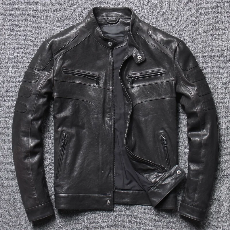 Мужская мотоциклетная куртка из натуральной кожи шкуры ягненка облегающая