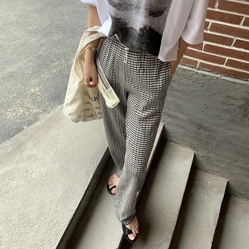 

HziriP Summer 2021 Plaid Wide-Legged Femme Elastic-Waist Comfortable Straight OL Casual Pants Bottoms All Match Loose Trousers