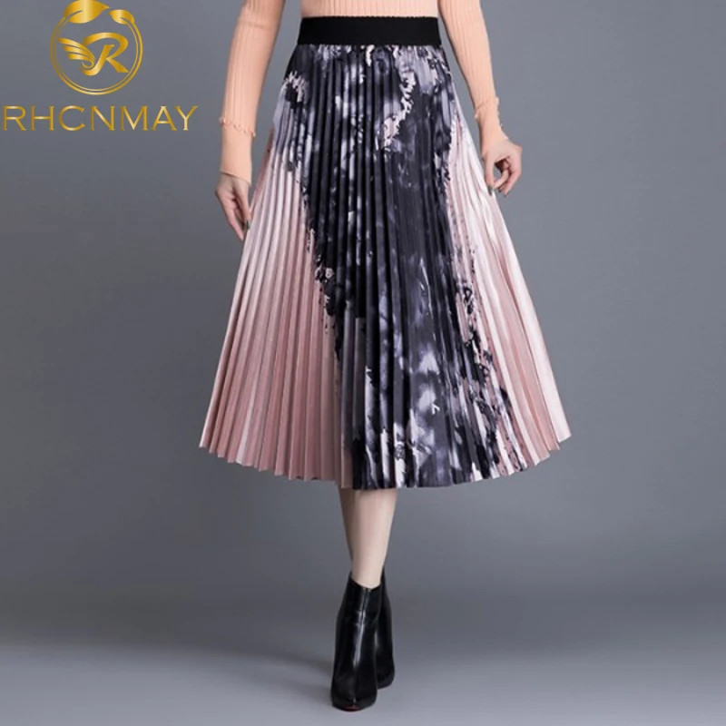 

2020 New Fashion Summer Women High waist Ink printing Skirt Long Pleated Skirts Womens Vintage Women Midi Skirt