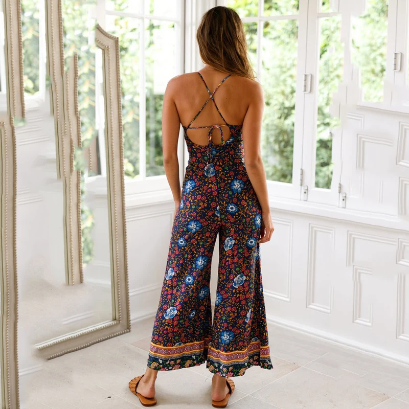 Богемный женский комбинезон VICABO на бретелях спагетти с открытой спиной