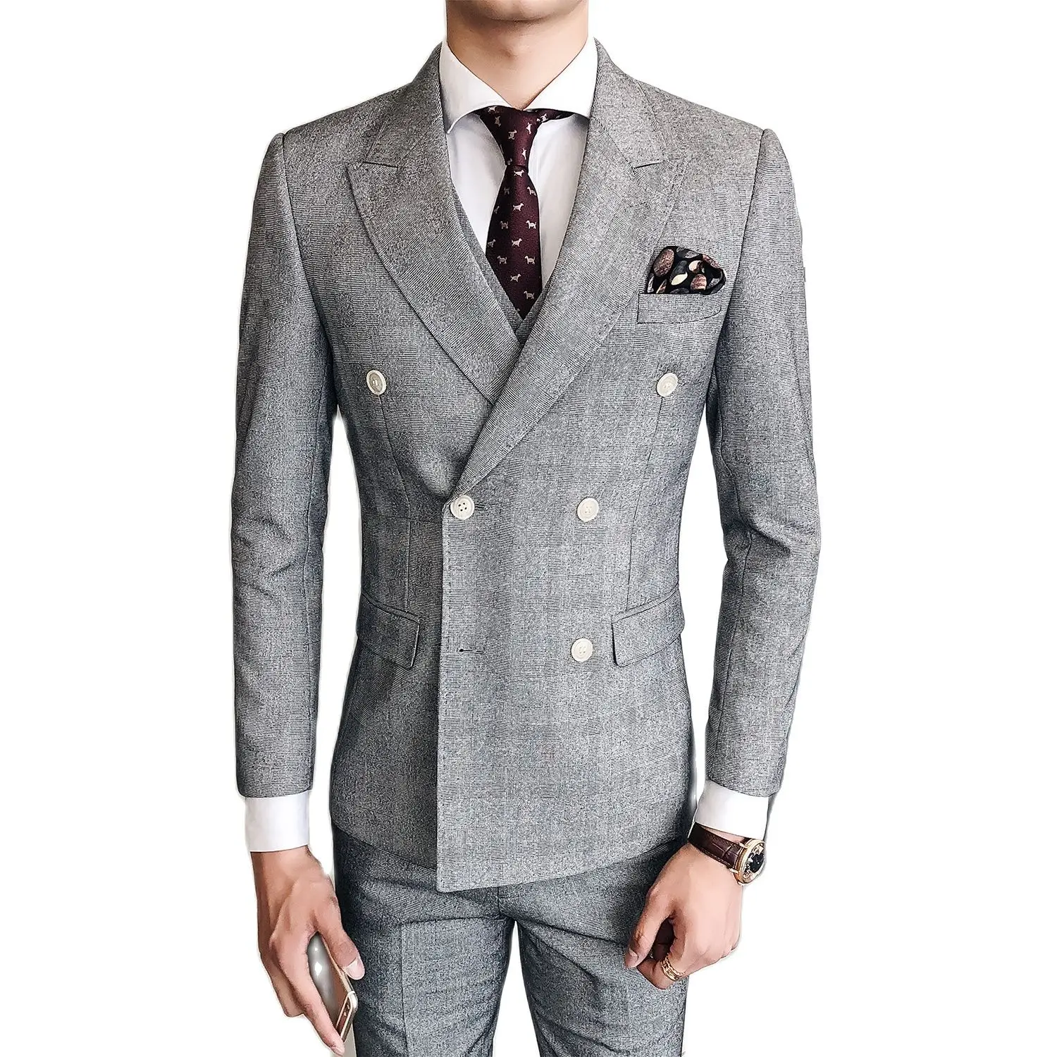 

Spring Autumn Gray 3 Piece Set Men Double Breasted Mens Suits, Jacket with Vest and Pants Size S-3XL